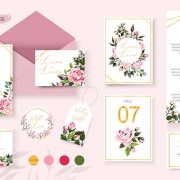 Wedding floral golden invitation card save the date rsvp table menu design with pink flowers roses and green leaves wreath and frame. Botanical elegant decorative vector template in watercolor style