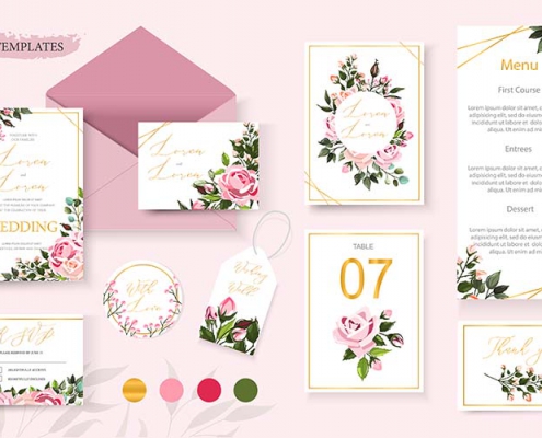 Wedding floral golden invitation card save the date rsvp table menu design with pink flowers roses and green leaves wreath and frame. Botanical elegant decorative vector template in watercolor style