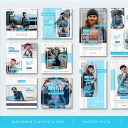 Minimalist Blue Instagram Stories and Feed Post Fashion Sale Template