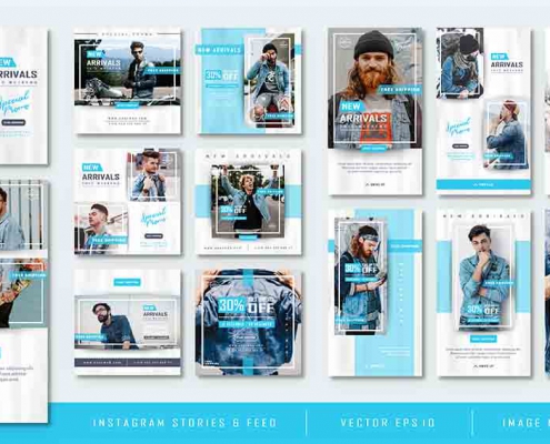 Minimalist Blue Instagram Stories and Feed Post Fashion Sale Template