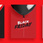 Set of Black friday super sale background, balloons with rope. Design for poster banner card, 3d realistic vector illustration