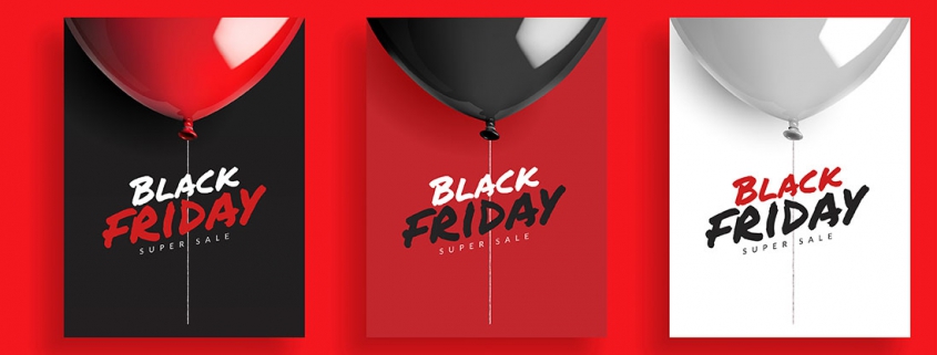 Set of Black friday super sale background, balloons with rope. Design for poster banner card, 3d realistic vector illustration
