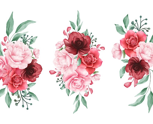 Watercolor flowers arrangements for wedding or greeting cards elements. Floral decorative composition design